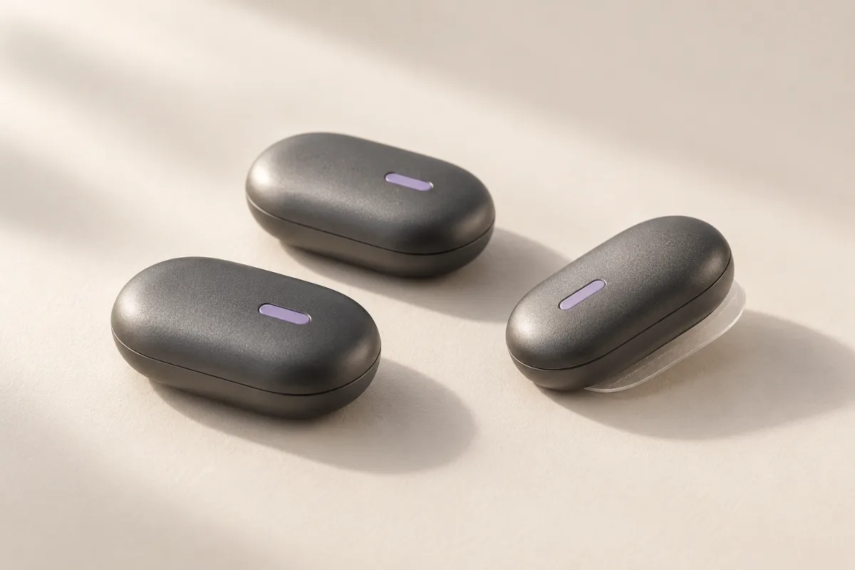 Concept render: three matte charcoal NUUS Core modules, each a rounded oval with a small lavender light, resting on an ivory surface. One sits on a clear adhesive pad.